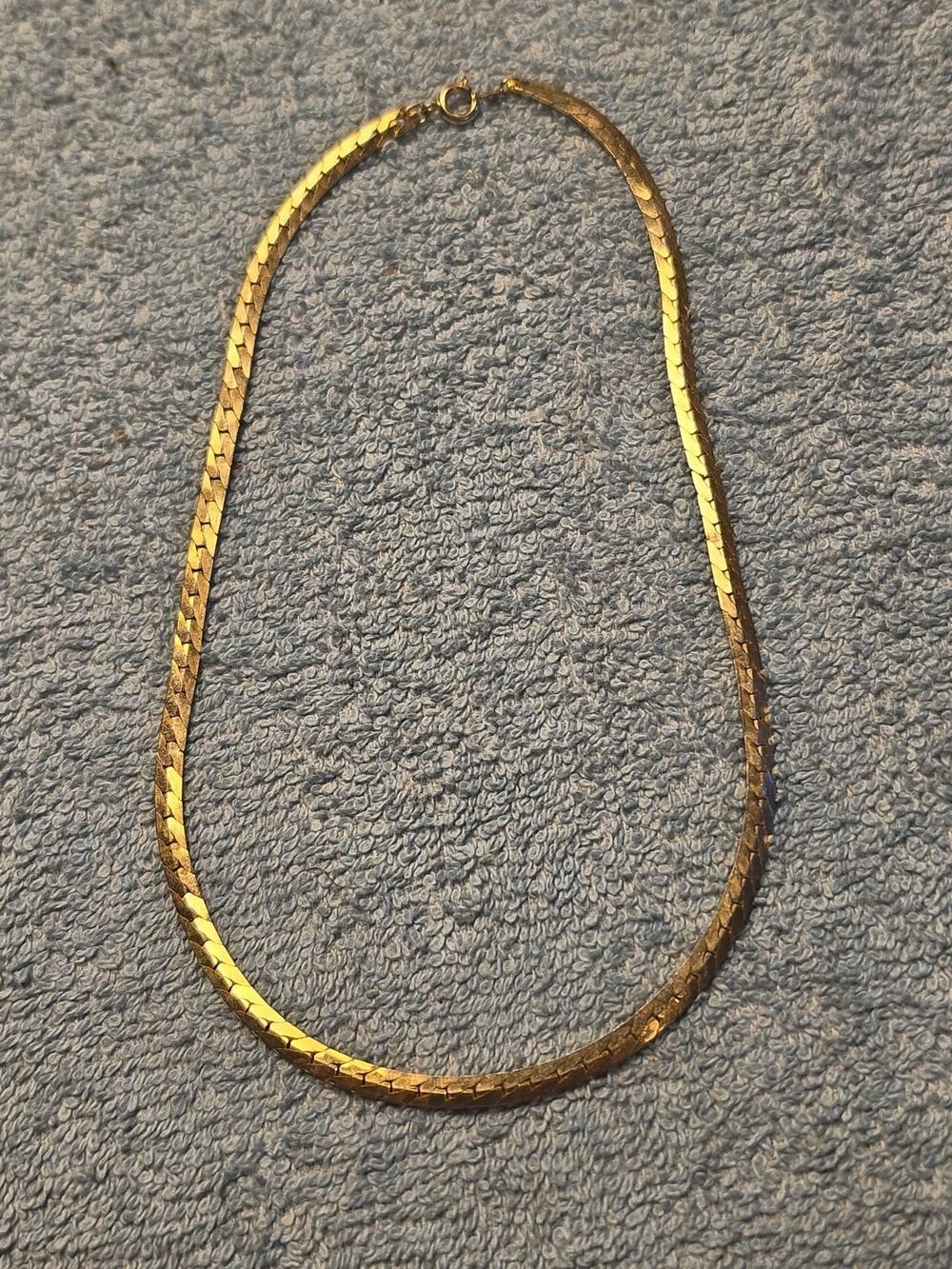 Vintage Gold Tone Herringbone Chain Necklace 16" Flat Woven Link Unmarked